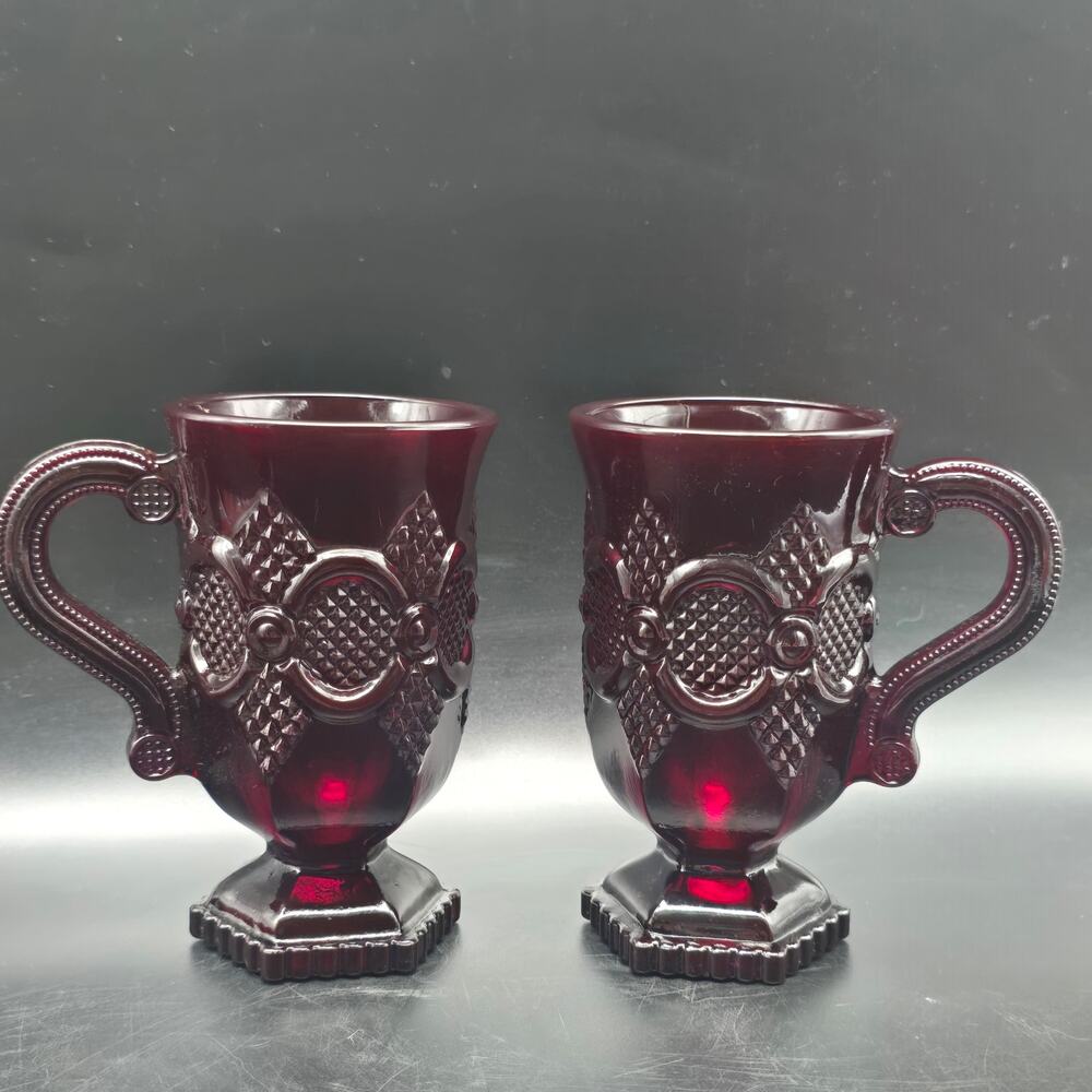 Avon Cape Cod Red Glass Handled Mugs Set of Two Vintage Gothic Romantic